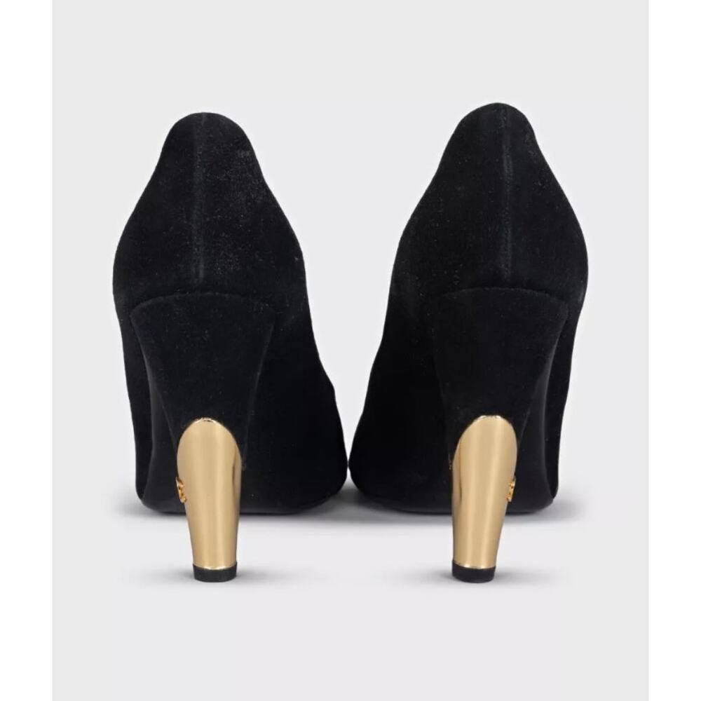 Chanel Black Suede Gold Accent Open Toe Pumps Sz 40 - Picture 4 of 7